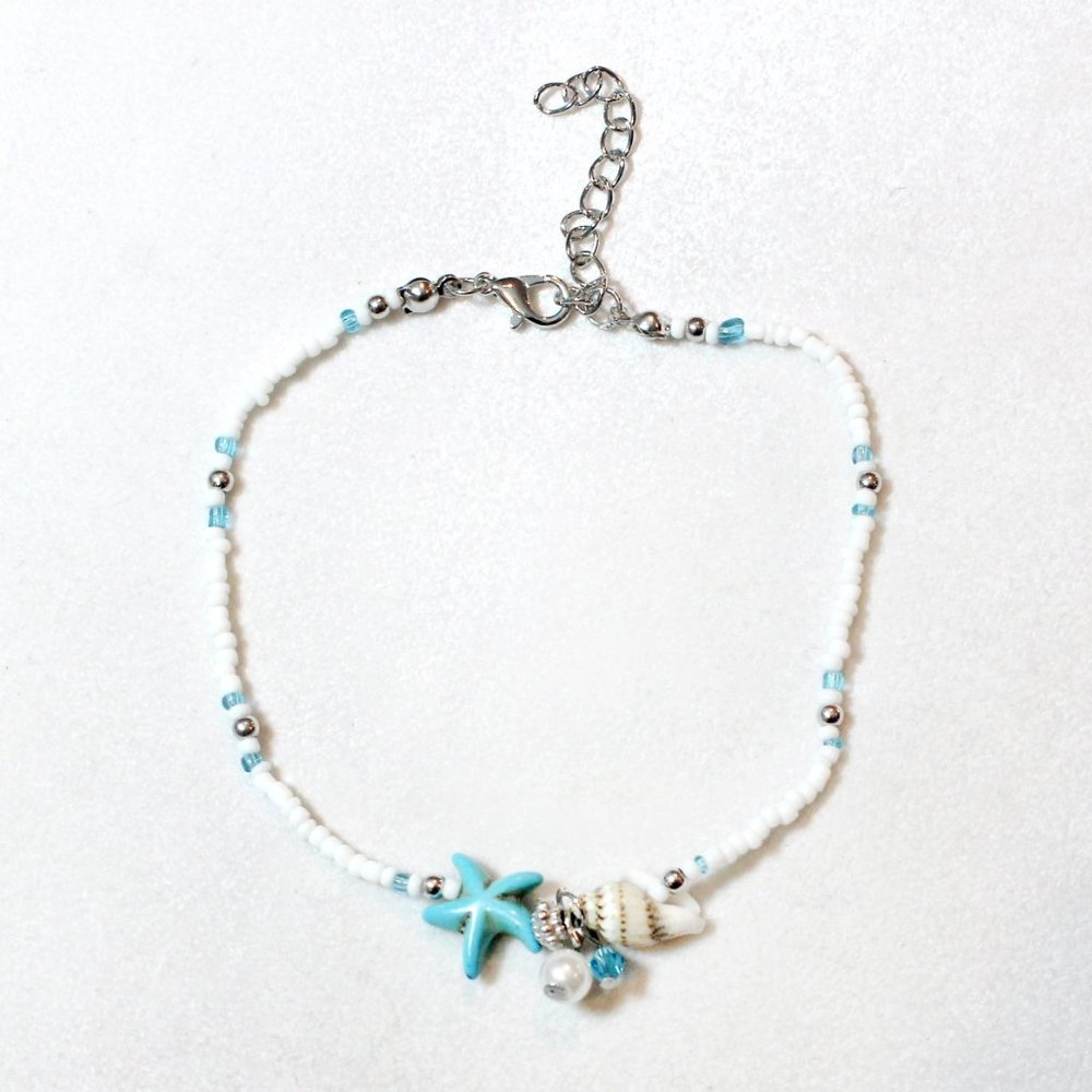 🐠🐟🐚White Turquoise Starfish Pearl Seashell Dangle Beachy Ankle Bracelet 🐚